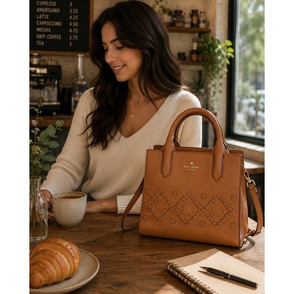 kate spade Handbags - Kate Spade Bag Meriwether Flynn Crossbody Satchel Cognac Brown Woven Leather